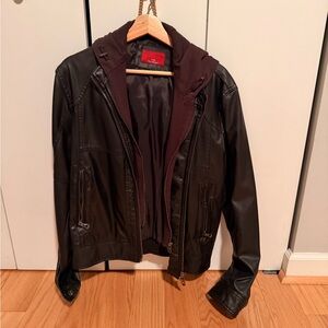 Zara Black vegan Leather Bomber Jacket with brown Hood